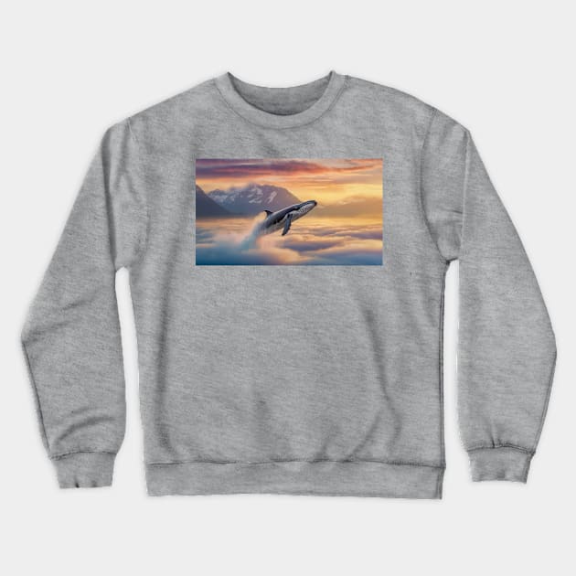 whale diving above the clouds Crewneck Sweatshirt by psychoshadow